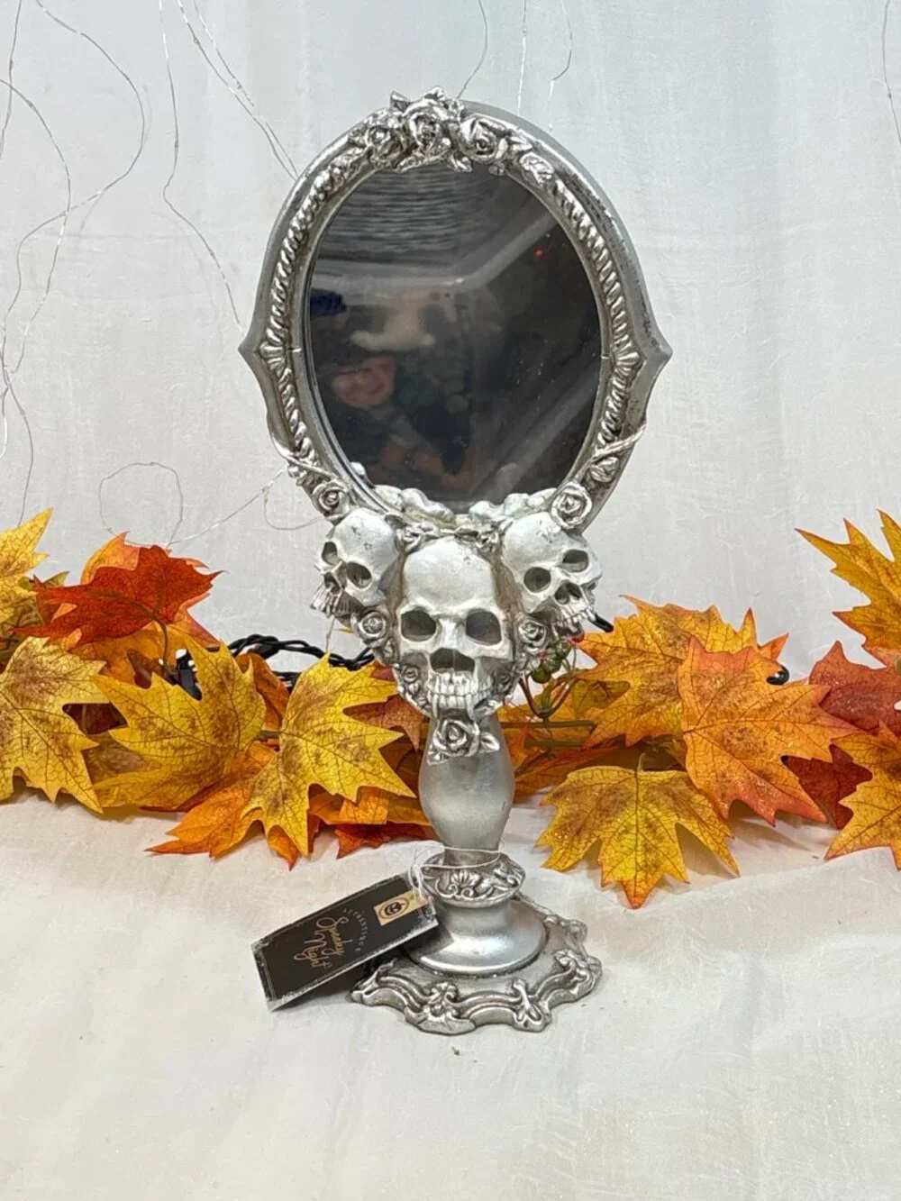 Halloween White Silver Skull Vintage Gothic Roses Vanity table top Mirror Decor